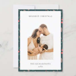 Green Red Merriest Weihnachts-Blumenmuster-Foto Feiertagskarte