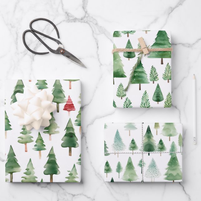 Green Red Merry Christmas Trees Geschenkpapier Set (Vorderseite)