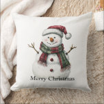 Green Red Merry Christmas Trees Snowman Kissen<br><div class="desc">Rot grün Weihnachtsbaumen Schneemann</div>