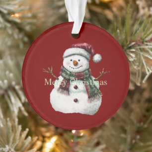 Green Red Merry Christmas Trees Snowman Ornament