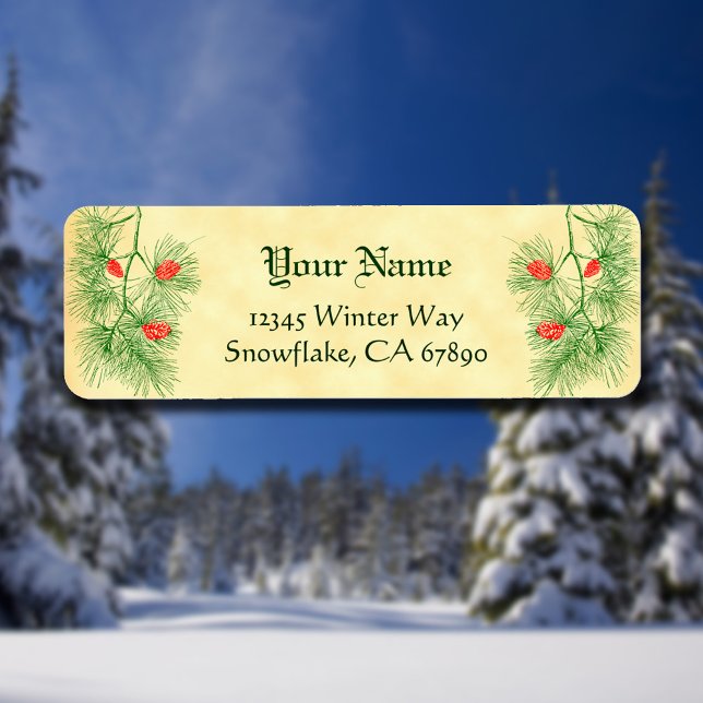 Green Red Pine Editable Holiday Address Labels (Von Creator hochgeladen)