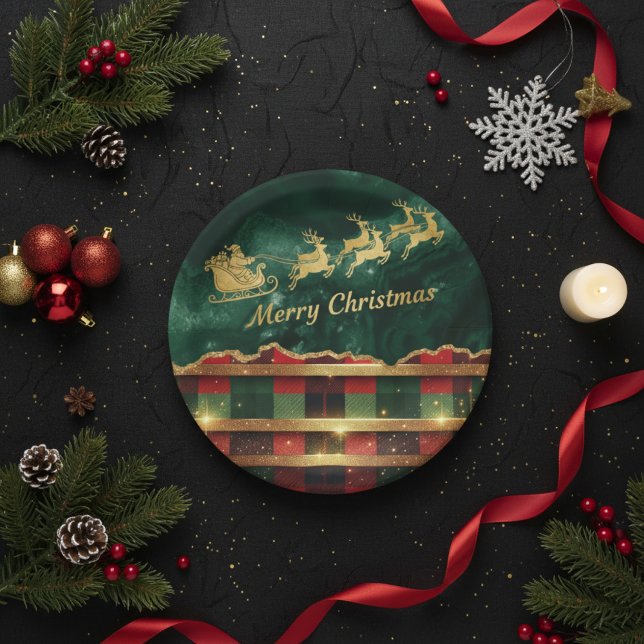 Green Red Plaid Santa Sleigh Merry Christmas Pappteller (Von Creator hochgeladen)