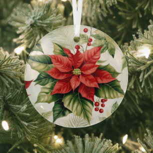 Green Red Poinsettia Blume Weihnachtsfeiertag Ornament Aus Glas