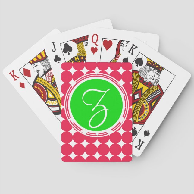 Green & Red Polka Dot Monogram Spielkarten (Rückseite)