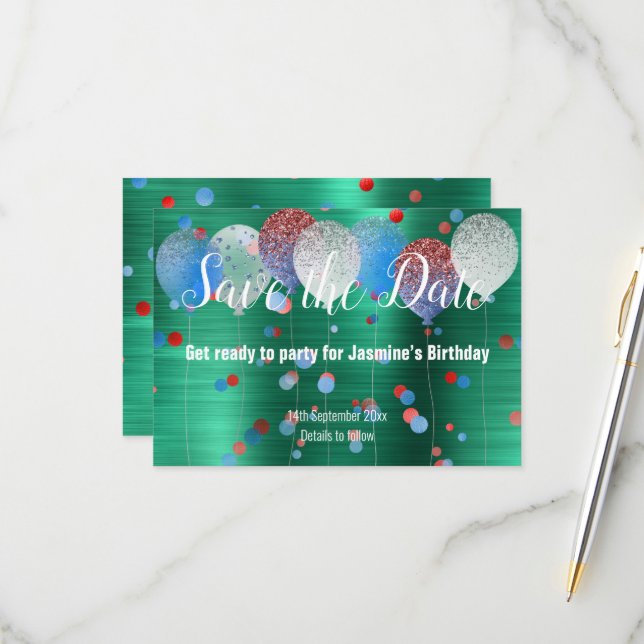 GREEN RED SPOT BALLOON RED SAVE THE DATE RSVP CARD (Vorderseite/Rückseite Beispiel)