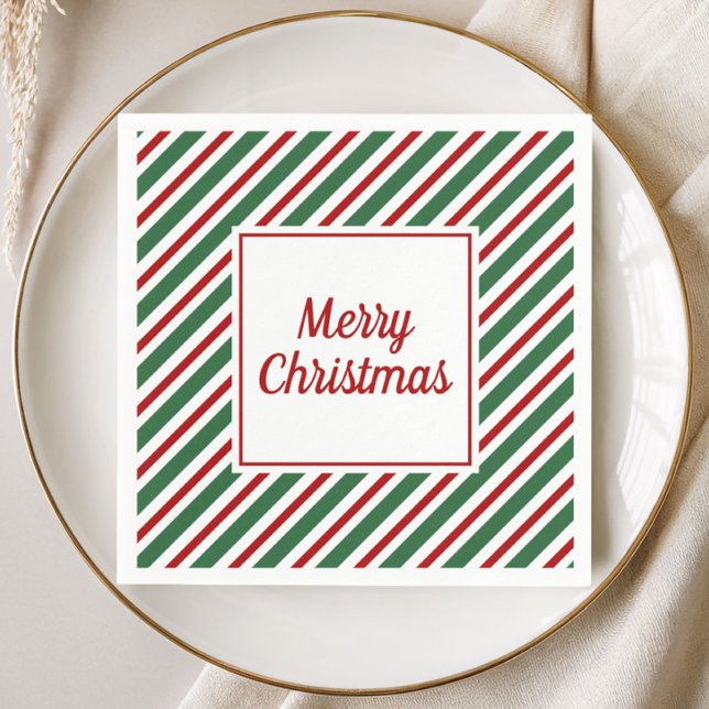 Green Red Stripes Pattern Frohe Weihnachten Napkin Serviette (Green Red Stripes Pattern Merry Christmas Napkins)