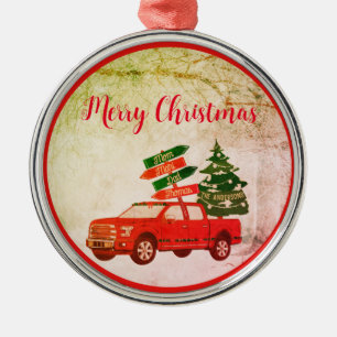 Green Red Truck Family Retro Weihnachten Ornament Aus Metall