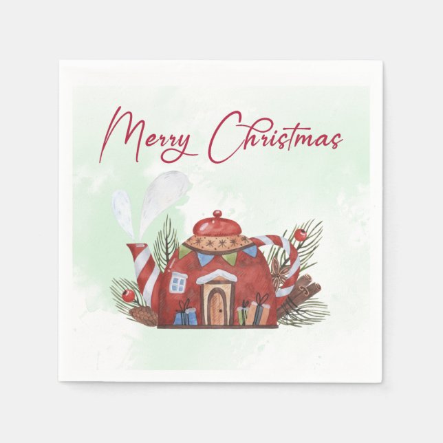 Green Red Watercolor Christmas Tee Tee Tee House Serviette (Vorderseite)