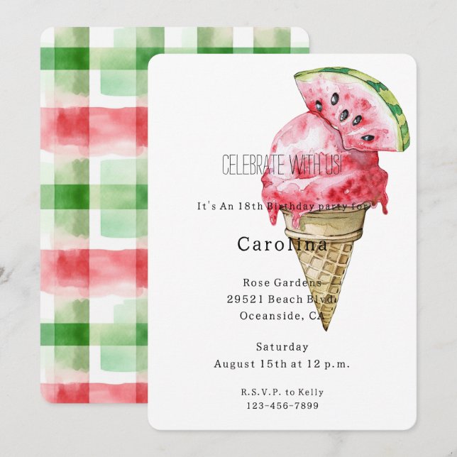 Green Red Watermelon Ice Cream Cone Birthday   Einladung (Vorne/Hinten)