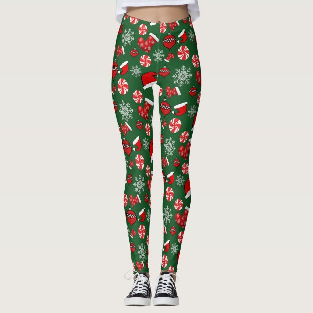 Green Red White Frohe Weihnachten Leggings (Vorderseite)