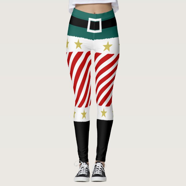 Green Red White Stripes Candy Cane Elf Weihnachten Leggings (Vorderseite)