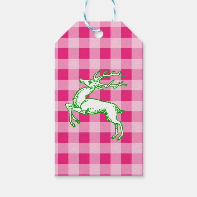 Green Reindeer Pink Gingham Geschenkanhänger (Vorderseite)