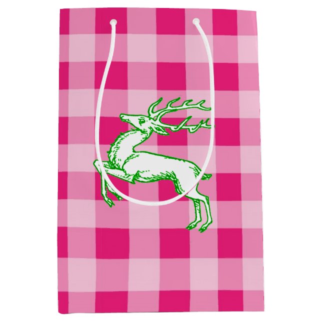 Green Reindeer Pink Gingham Mittlere Geschenktüte (Vorderseite)