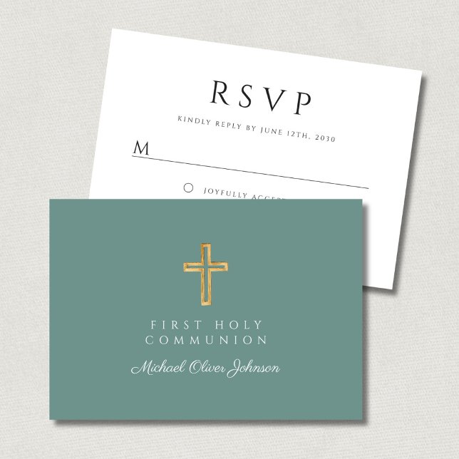 Green Religious Cross Boy First Communion  RSVP Karte (Green Religious Cross Boy First Communion RSVP Card)