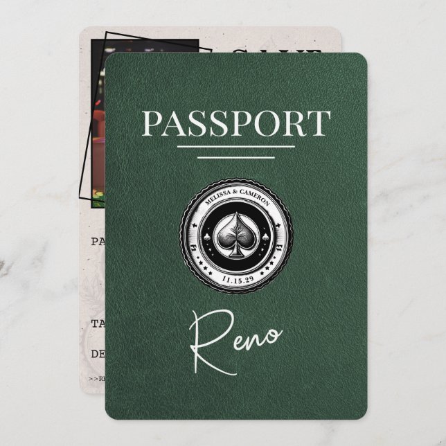 Green Reno Passport Save the Date (Vorne/Hinten)
