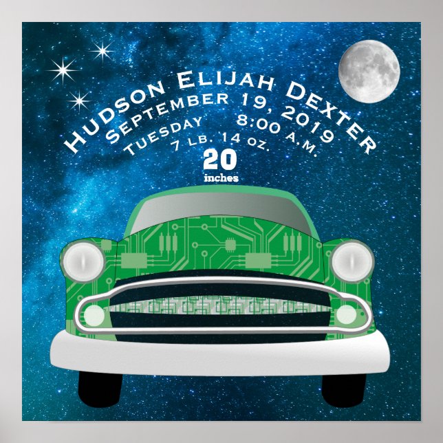 Green Retro Car Baby Boys Geburtsstunde Geburtsstu Poster (Vorne)