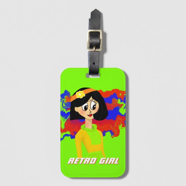 Green Retro Cartoon Girl Gepäckmarke Gepäckanhänger (Vorderseite Vertikal)