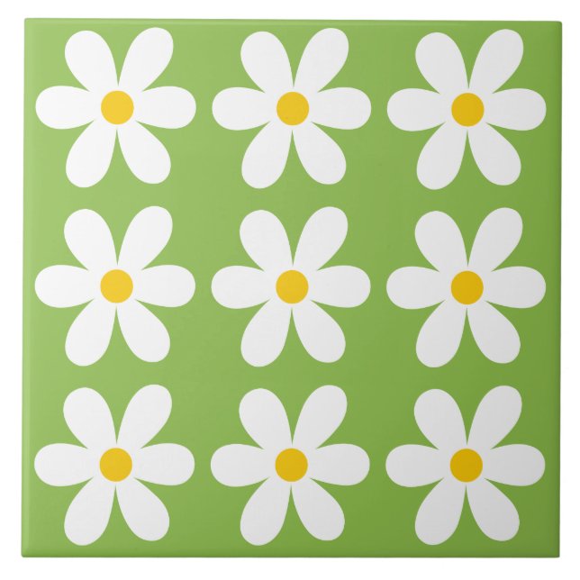 Green Retro Daisy Floral Pattern Fliese (Vorderseite)