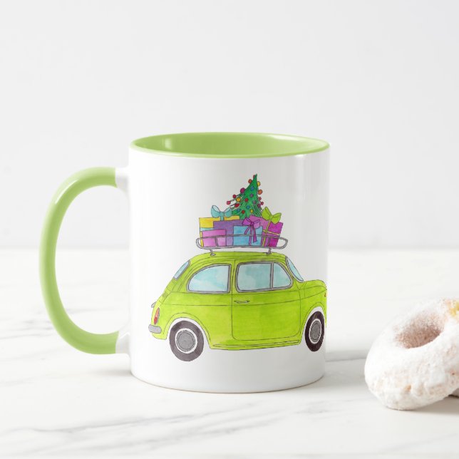 Green Retro Fiat 500 mit Geschenken Wasserfarbe Tasse (Mit Donut)