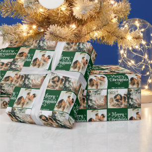 Green Retro Frohe Weihnachtsfamilie 3 Foto Collage Geschenkpapier
