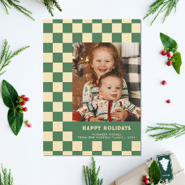 Green Retro Groovy Checkered Happy Holidays Foto Feiertagskarte
