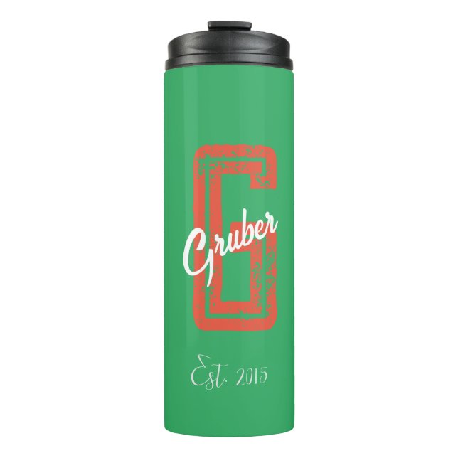 Green Retro Minimalistisch Moderne Monogram Name T Thermosbecher (Vorderseite)