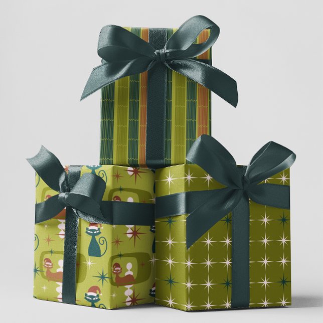 Green Retro Mitte Jahrhundert Moderne Katzenweihe  Geschenkpapier Set (Von Creator hochgeladen)