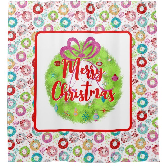 Green Retro Weihnachtskranz Duschvorhang (Vorderseite)