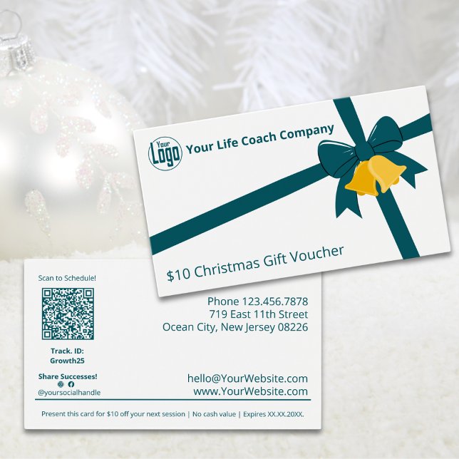 Green Ribbon Bells $10 Weihnachtsgutscheinkarte (Green Ribbon Bells $10 Christmas Gift Voucher Card, Business Card Size)