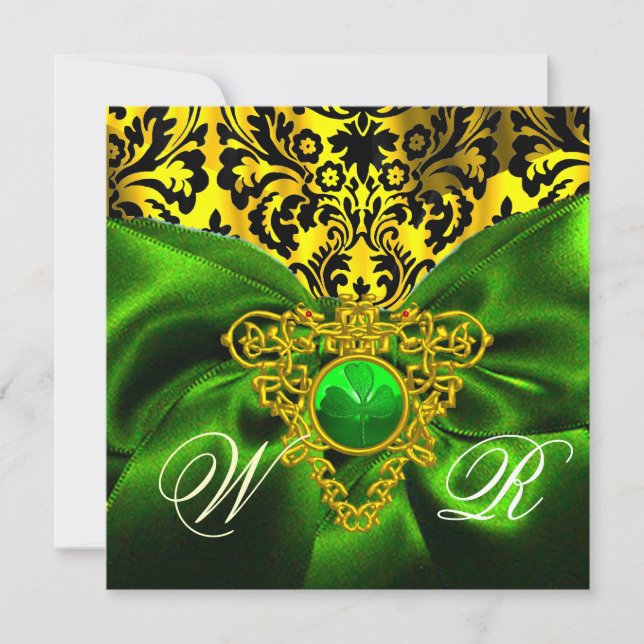 GREEN RIBBON GOLD CELTIC HERZ DAMASK MONOGRAMM EINLADUNG (Vorderseite)