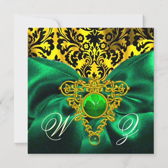GREEN RIBBON GOLD CELTIC HERZ DAMASK MONOGRAMM EINLADUNG (Vorderseite)