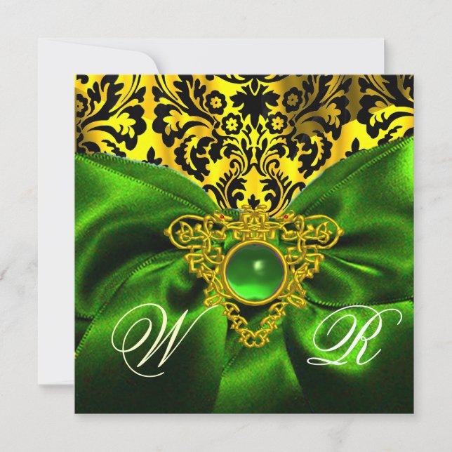 GREEN RIBBON GOLD CELTIC HERZ DAMASK MONOGRAMM EINLADUNG (Vorderseite)