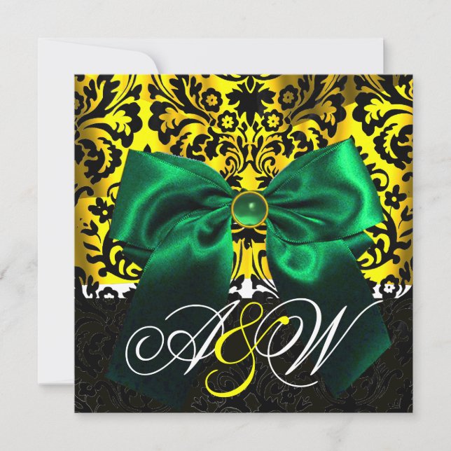 GREEN RIBBON GOLD YELLOW BLACK DAMASK MONOGRAMM EINLADUNG (Vorderseite)