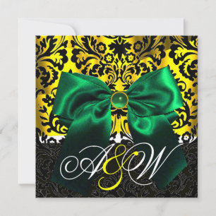 GREEN RIBBON GOLD YELLOW BLACK DAMASK MONOGRAMM EINLADUNG