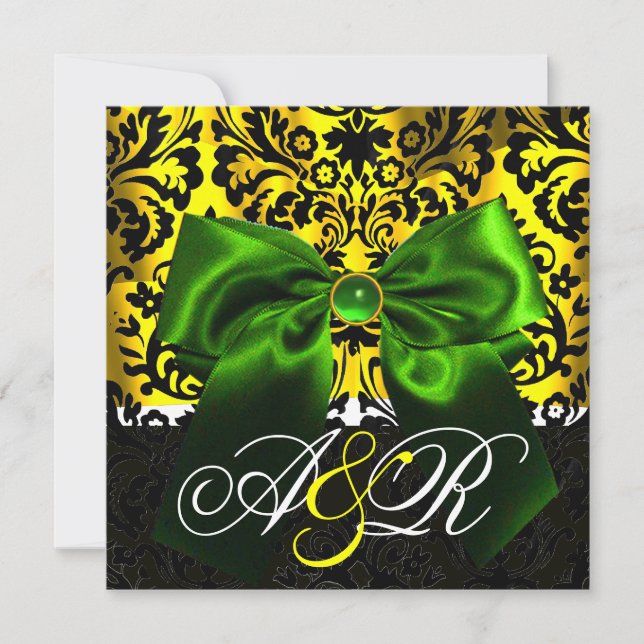 GREEN RIBBON GOLD YELLOW BLACK DAMASK MONOGRAMM EINLADUNG (Vorderseite)