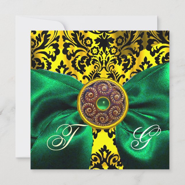GREEN RIBBON GOLD YELLOW BLACK DAMASK MONOGRAMM EINLADUNG (Vorderseite)