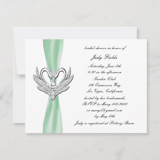 Green Ribbon Silver Swans Bridal Dusche Einladung (Vorderseite)