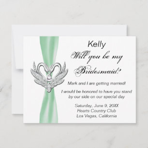 Green Ribbon Silver Swans Bridesmaid Card Einladung