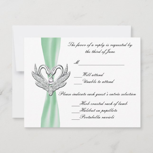 Green Ribbon Silver Swans Response Card RSVP Karte (Vorderseite)