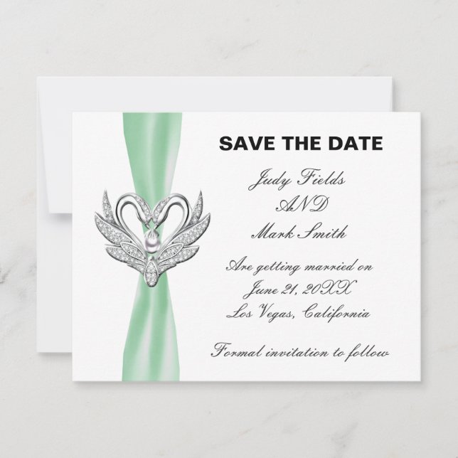 Green Ribbon Silver Swans Save the Date Card Einladung (Vorderseite)