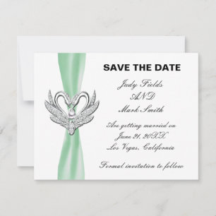 Green Ribbon Silver Swans Save the Date Card Einladung