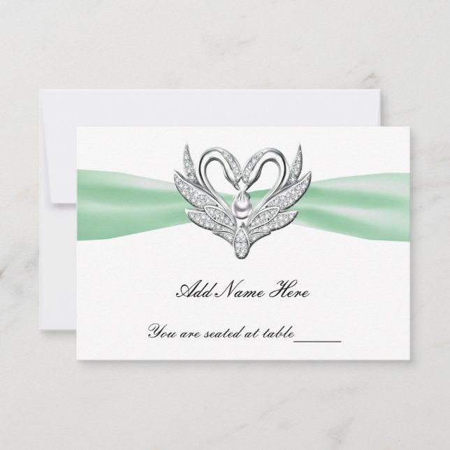 Green Ribbon Silver Swans Table Platzkarte (Vorderseite)