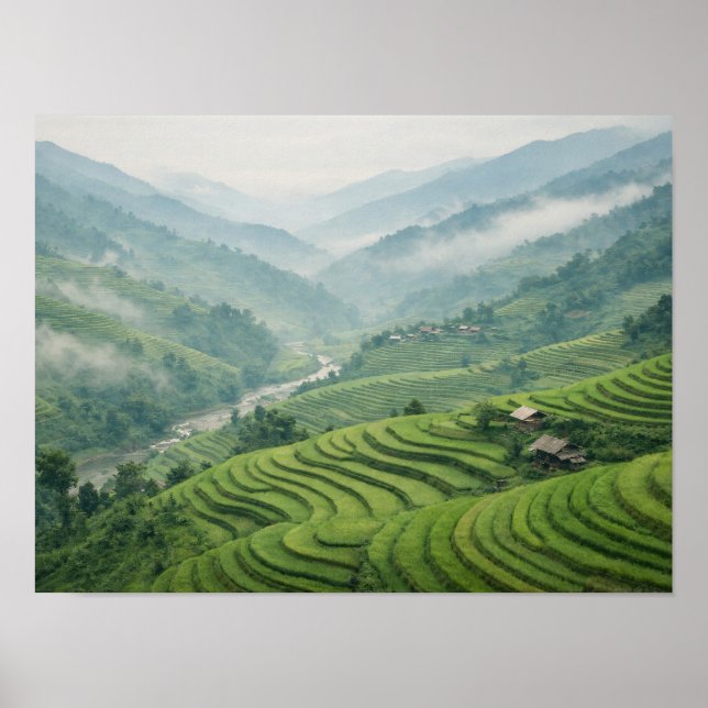 Green Rice Terraces Mountain Valley Landscape Poster (Vorne)