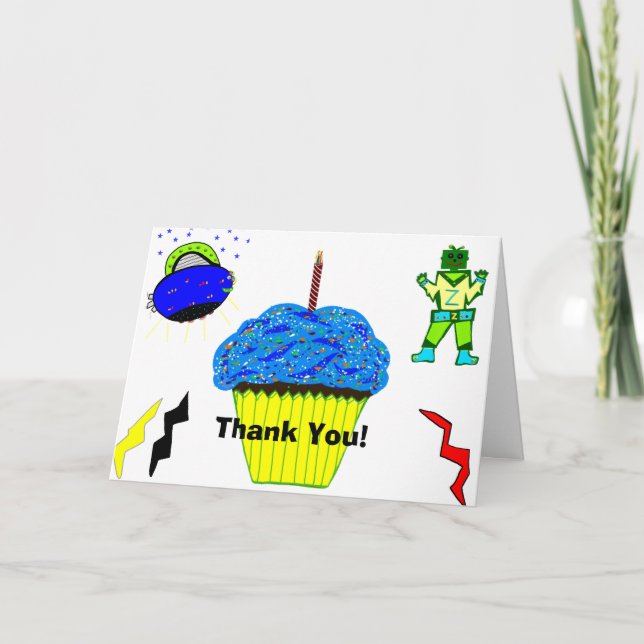 Green Robot Boy Blue Cupcake Birthday Karte (Vorderseite)