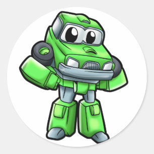 Green robot car cartoon - Choose background color Runder Aufkleber