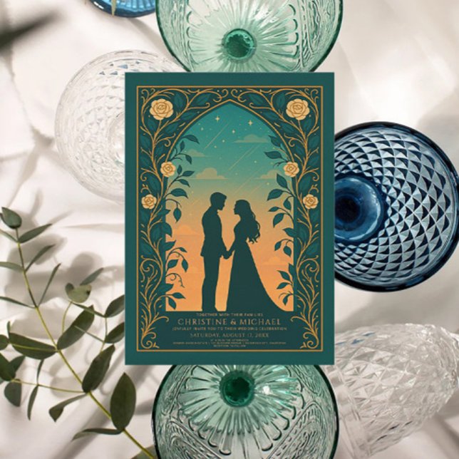 Green Romantic Silhouette Couple Wedding Invite Einladung (Von Creator hochgeladen)