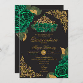 Green Rose Black Gold Glitzer Tiara Quinceañera Einladung