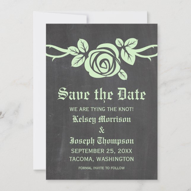 Green Rose Chalkboard Save the Date einladen (Vorderseite)