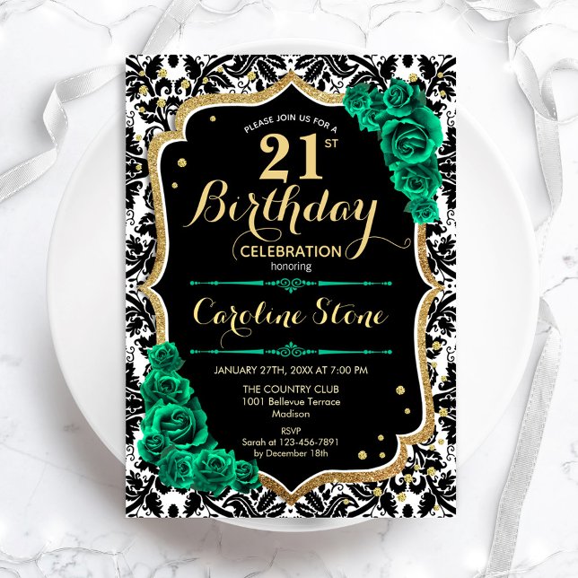 Green Rose Gold Black Damask 21. Geburtstag Einladung (Von Creator hochgeladen)