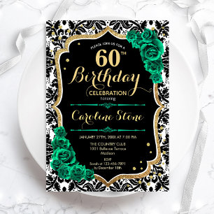 Green Rose Gold Black Damask 60. Geburtstag Einladung